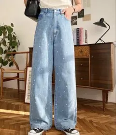ドット＆ハート＆リボンプリントデニムパンツのサムネイル