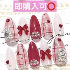 ネイルチップ現品オーダー量産型フレンチガーリースナ系ワンホンチェックくま赤ピンク