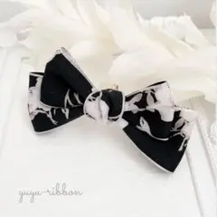 花柄リボン　ポニーフック　ヘアカフ　ハンドメイド　ブラック　黒　ヘアピン