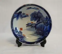 青と白の風景画 陶器深皿