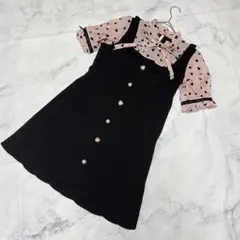美品✨LIZLISA ハート柄ボウタイドッキングOP 黒×ピンク 量産型地雷系