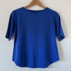 社交ダンス トップス カットソー M〜L ブルー キラキラ付 青 伸縮性あり