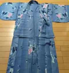 青色 花柄 綿浴衣