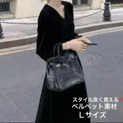 クラシックなヒッチコックスタイルドレス　ブラック　ベルベット素材Lサイズ