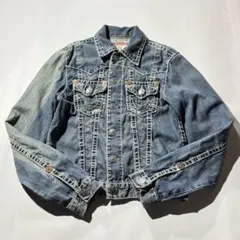 TRUE RELIGION 900 ユーズド加工 短丈 デニムジャケット S TRUE RELIGION JIMMY SUPER T JACKET (108495:CHANSON BLUE BLACK WASH