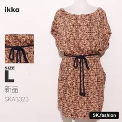 新品 ikka ワンピース 膝丈　半袖　バロック柄　ドロスト　柔らか素材　日本製のサムネイル