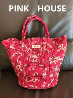 刺繍付きピンクトートバッグ・バケツ型・ピンクハウス PINK HOUSE トートバッグ ホワイトローズ刺繍バッグ レディース