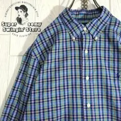 人気 ラルフローレン 長袖シャツ L ブルー チェック ボタンダウン 刺繍 古着