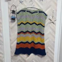 ヴィンテージ ニット かぎ針 ベスト カラフル Lサイズ