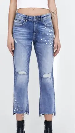 再々値下げ　ZARA パール付きダメージジーンズ