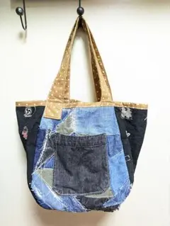 デニムリメイク　ぼろ　バッグ　おかめひょっとこ