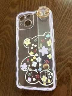 iPhone13ケース くま 花柄 バンド付き