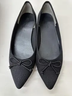 しまむらリボン付き ブラック ラメフラットシューズＬ