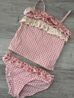 フリル付きピンクチェック水着 7-8y 7-8t 120 128ピンク水着