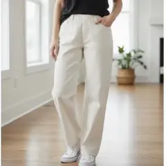 美品 ユニクロ UNIQLO ワイドパンツ L 白 ゴムウエスト バックポケット