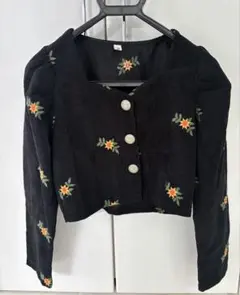 コーデュロイ　花柄　刺繍　長袖トップス　黒