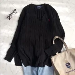 ラルフローレン ケーブルニット ポニー刺繍 スリット コットン ゆったり 黒
