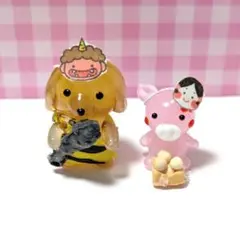 ガラス細工　ミニチュア　節分ダックス鬼とミニブタお多福