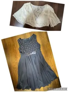 【期間値下げ】ネイビー 花柄刺繍リボン付ドレス ワンピース ボレロ セットM