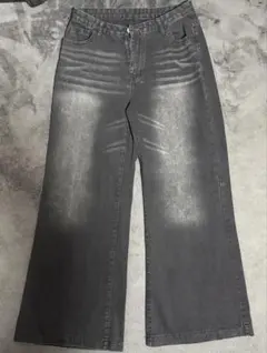 ブラック ワイドレッグ デニムパンツ XLサイズ ダメージ加工