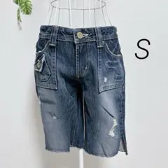 サムシング・デニムショートパンツ S ダークブルー 綿100% ダメージ加工