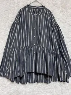 EMMAJAMESストライプ柄スタンドカラー長袖ペプラムフリルブラウス