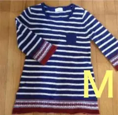 ★ レディース　　七分袖　　ボーダーニット　　ブルー＆くすみレッド