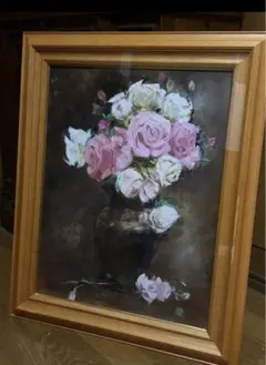 真作 肉筆 キャンバス油彩絵画 薔薇 静物画 新品額縁 インテリア 作家