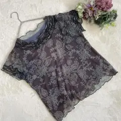 シースルーブラウス⭐️フラワーフリルカットソー エレガント 上品 ブラウン系 F