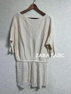 ZARA BASIC 半袖トップス レース切替 アイボリー Lのサムネイル