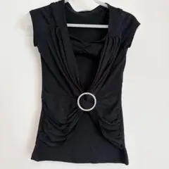 ブラックノースリーブトップス 小さめ 細身 海外古着 おしゃれ XXS-XX相当