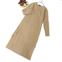 完売品✨ユニクロ（M）ワイドリブVネックロングワンピース スリット ベージュ