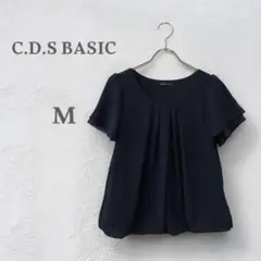 フレアブラウス　トップス　カットソー　タック　ドレープ　ネイビー　M 綺麗め