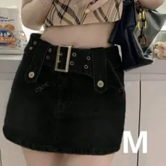 【ベルト付き】デニムスカート　ブラック　韓国　y2k ミニスカート