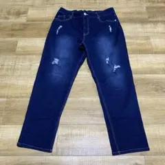 極美品 ダメージ加工 インディゴブルーストレート デニム パンツ ボトムス3L