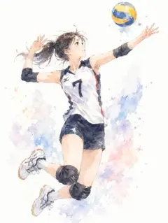 c795_バレーボールをする少女を描いた水彩画風イラスト アート作品