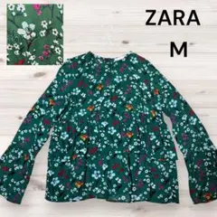 【ZARA】 ザラ フリルブラウス　花柄　トップス グリーン Mサイズ フレア袖