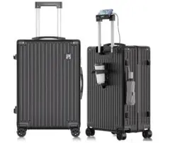 スーツケース前開きカップホルダー付き usbポート付き(ブラック, S サイズ)