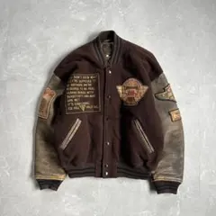 90s OLD 袖レザー スタジャン 本革 ウール ブラウン 古着 短丈 刺繍