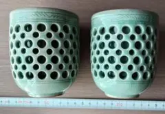 緑色 陶器 湯飲み 2個セット