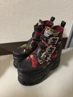 YOSUKE 超厚底レースアップハイカットスニーカー　ブラックxレッド