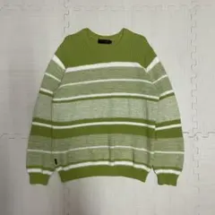 ボーダーニット　コットン100グリーン クルーネック カジュアル　ナチュラル