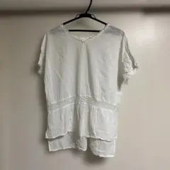earth レース付きホワイトコットン半袖シャツ Fサイズ