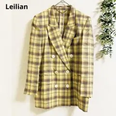 レリアン　チェックダブルジャケット　リネン100% S 黄 派手　主役級　可愛い