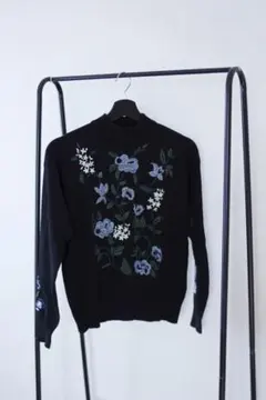 CLANE 花柄刺繍 ブラックニット 長袖