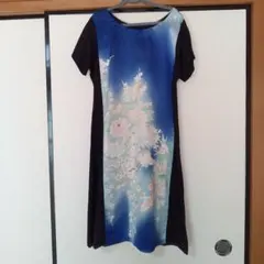 訳あり大特価　青に花　着物リメイク　細見えワンピース　華やか　バスト90cm