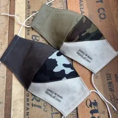 ハンドメイド布マスク★10057 迷彩 カモフラージュ カーキ 黒 生成り。ゴム