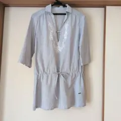 Crocodile ストライプ 刺繍チュニックブラウス