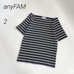 anyFAM　ボーダーTシャツ　リブ　半袖　コットン混　モノトーン