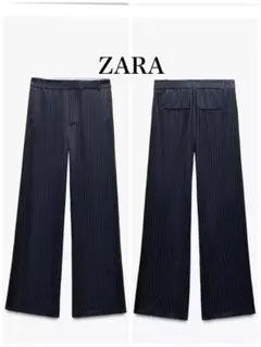ZARA サテンピンストライプ柄パンツ Mサイズ ネイビーブルー